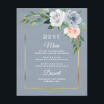 Dusty Blue Blush Pink Floral Wedding Menu Cards<br><div class="desc">Dusty Blue Blush Pink Floral Wedding Menu Cards - feature a watercolor dusty blue background with a gold frame trimmed in eucalyptus and greenery with floral elements in grey/white,  dusty blue and blush pink/peach. View the matching collection on this page to find matching products</div>