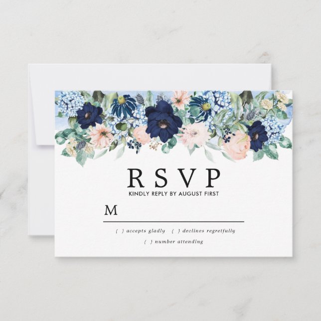 Dusty Blue Blush Pink Floral Wedding RSVP Card (Front)