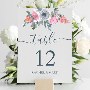 Dusty Blue Blush Pink Floral Wedding Table Number