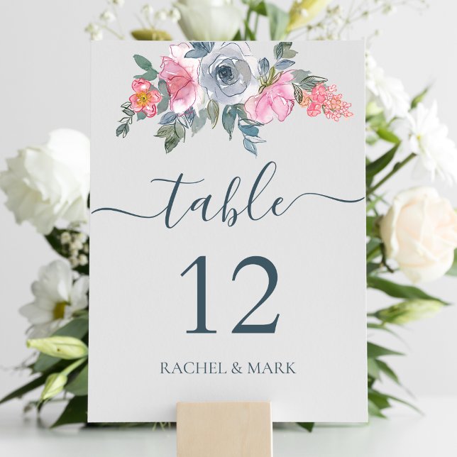 Dusty Blue Blush Pink Floral Wedding  Table Number (Creator Uploaded)