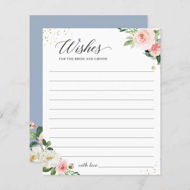 Dusty Blue Blush Pink Floral Wedding Wishes Card (Front/Back)