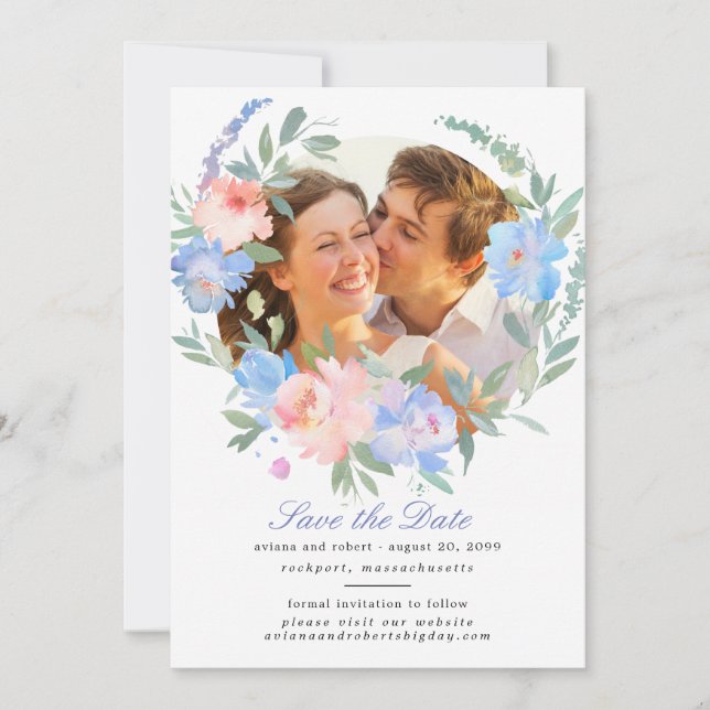 Dusty Blue Blush Pink Floral Wreath Wedding Save The Date (Front)