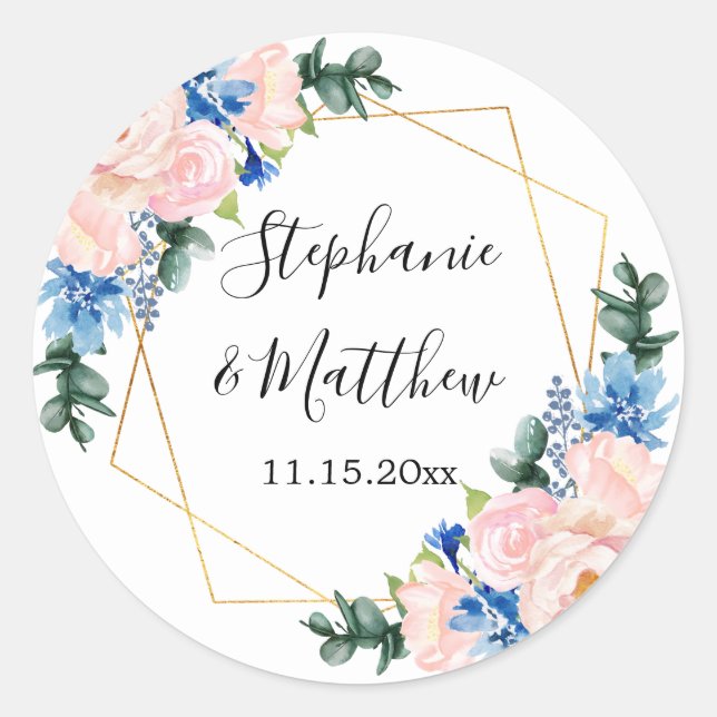 Dusty Blue Blush Pink Geometric Floral Wedding Classic Round Sticker (Front)