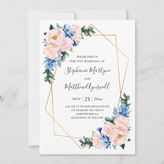 Dusty Blue Blush Pink Geometric Floral Wedding Invitation (Front)