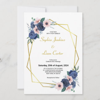 Dusty Blue Blush Pink Geometric Floral Wedding Invitation