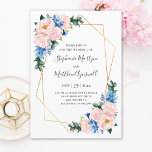 Dusty Blue Blush Pink Geometric Floral Wedding Invitation<br><div class="desc">These wedding invitations feature a watercolor floral design with blue and blush pink flowers, eucalyptus foliage and a faux gold geometric frame. Personalise the invitation wording with your own text. These wedding invitations are part of a collection which includes a range of matching wedding stationery and other wedding items. Please...</div>
