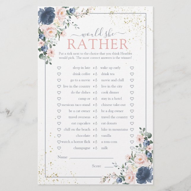Dusty Blue Blush Pink Gold Floral Shower Game (Front)