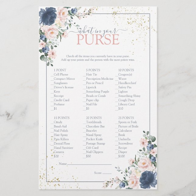 Dusty Blue Blush Pink Gold Floral Shower Game (Front)