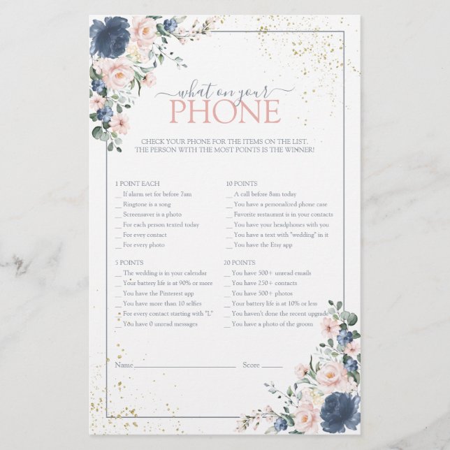 Dusty Blue Blush Pink Gold Floral Shower Game (Front)
