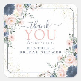 Dusty Blue Blush Pink Gold Floral Shower Thank You Square Sticker
