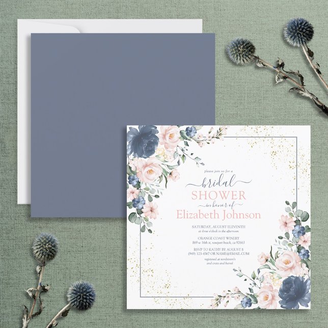 Dusty Blue Blush Pink Gold Floral Square Shower Invitation (Creator Uploaded)