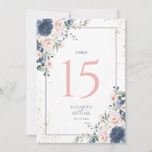Dusty Blue Blush Pink Gold Floral Table Number
