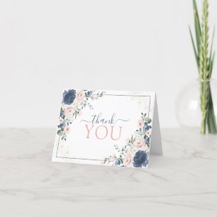 Dusty Blue Blush Pink Gold Floral Thank You Card