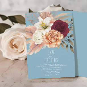 Dusty Blue Blush Pink Peach Floral Wedding Invitation
