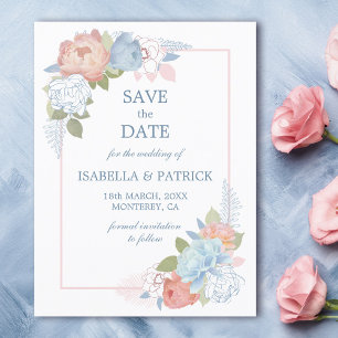 Dusty Blue Blush Pink Rose Floral Save the Date Postcard