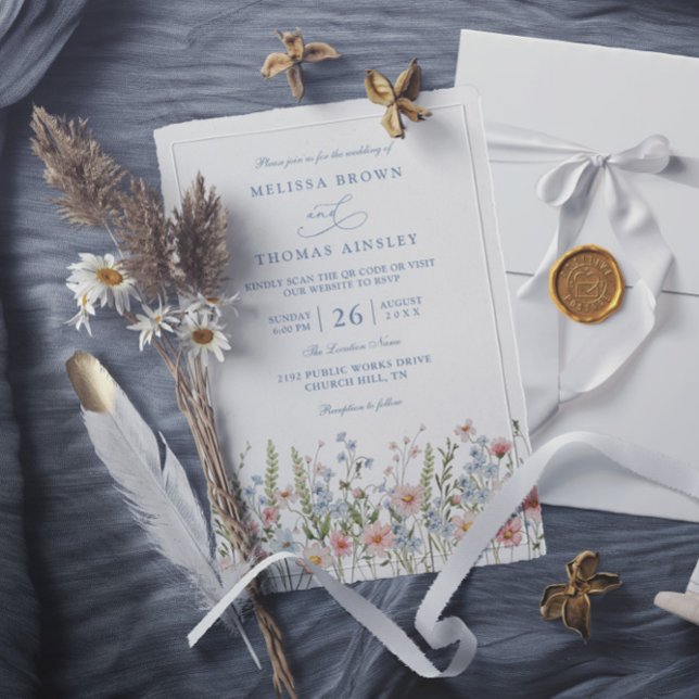 Dusty Blue Blush Pink Wildflower QR Code Wedding Invitation (Creator Uploaded)