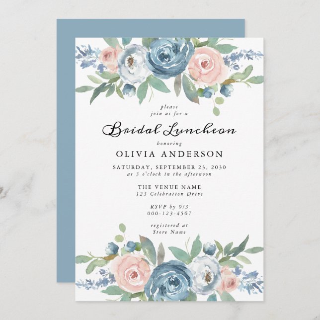 Dusty Blue & Blush Rose Floral Bridal Luncheon Invitation (Front/Back)