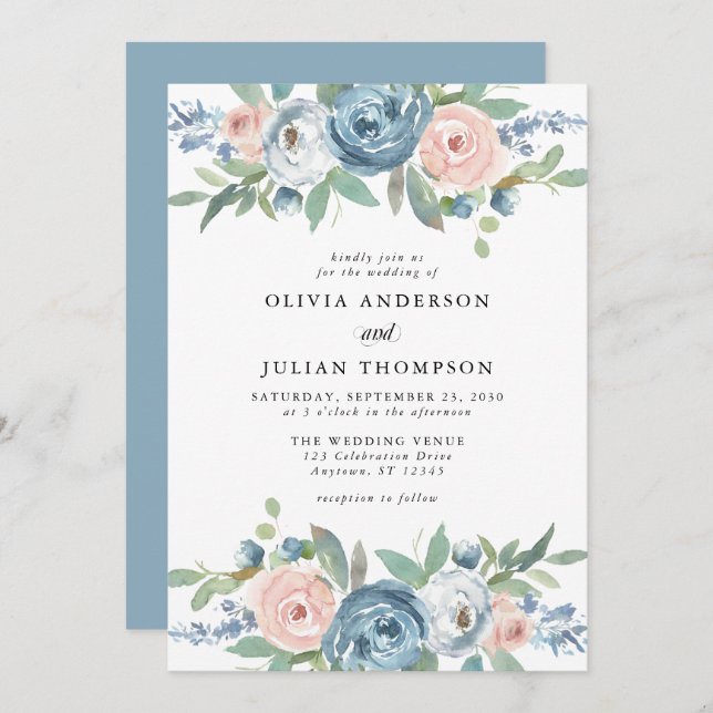 Dusty Blue & Blush Rose Floral Watercolor Wedding Invitation (Front/Back)