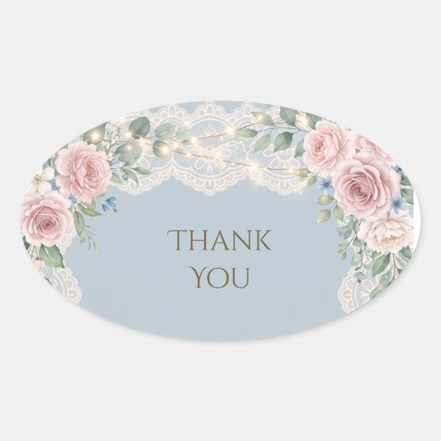 Dusty Blue Blush Rose Lace Wedding Thank You Oval Sticker (Front)