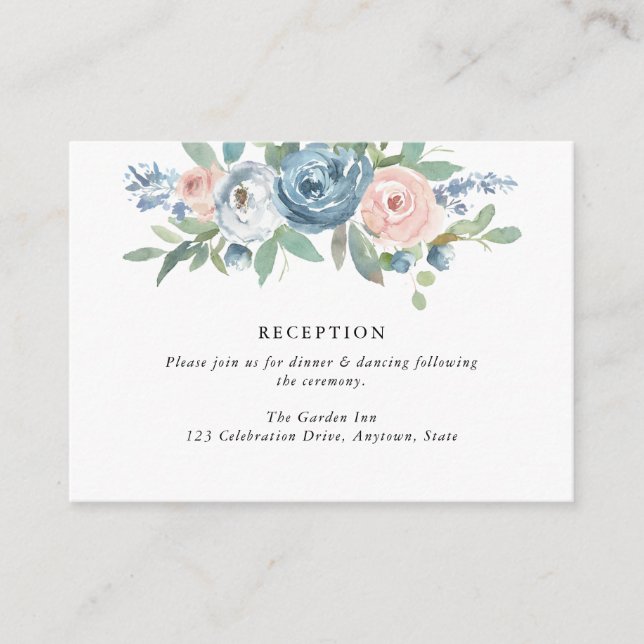Dusty Blue & Blush Rose Wedding Reception Enclosure Card (Front)