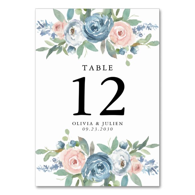 Dusty Blue & Blush Rose Wedding Table Number Cards (Front)
