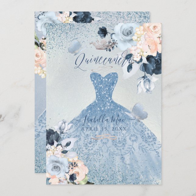 Dusty Blue+Blush Roses Glitter Gown Quinceanera Invitation (Front/Back)