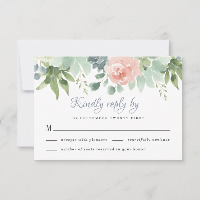 Dusty Blue Blush Succulent Floral Garden Wedding RSVP Card (Front)