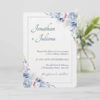 Dusty Blue & Blush Watercolor Floral  Invitation