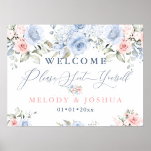 Dusty Blue+Blush Watercolor Roses Seat Yourself Poster