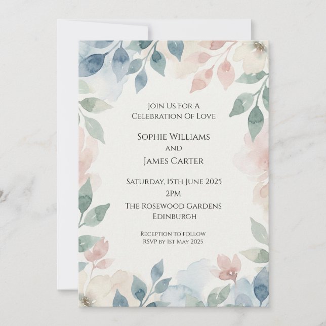 Dusty Blue Blush Wedding Invitation (Front)