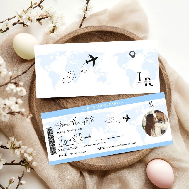 Dusty Blue Boarding pass Ticket Wedding  Save The Date (Creator Uploaded)