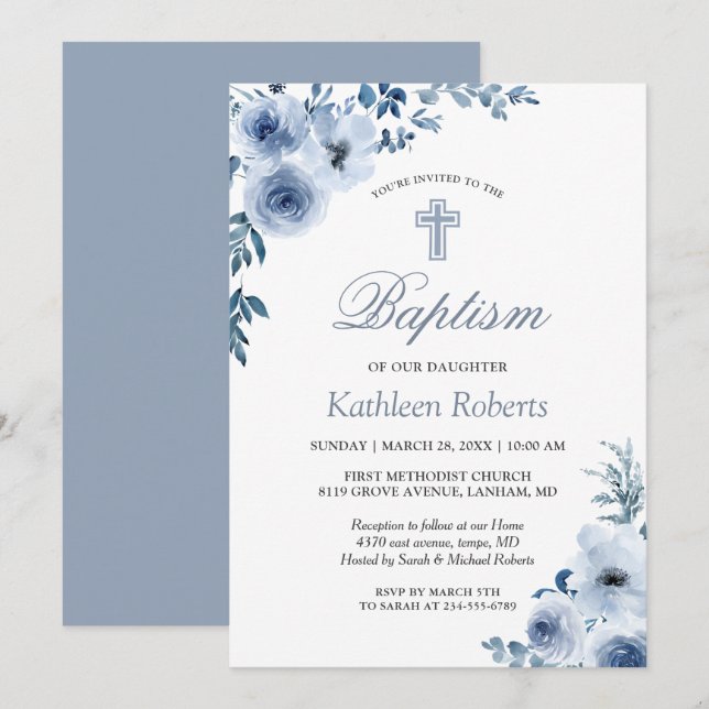 Dusty Blue Bohemian Floral Baptism Christening Invitation (Front/Back)