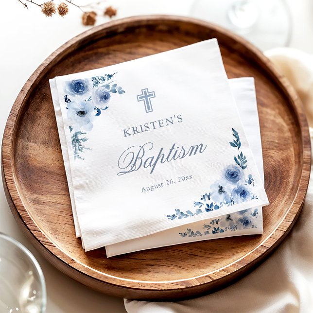 Dusty Blue Bohemian Floral Baptism Christening Napkin (Creator Uploaded)