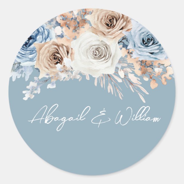 Dusty Blue Bohemian Floral Wedding Engagement Classic Round Sticker (Front)