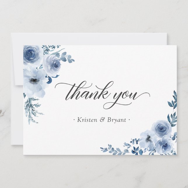 Dusty Blue Bohemian Pastel Floral Wedding Flat Thank You Card (Front)