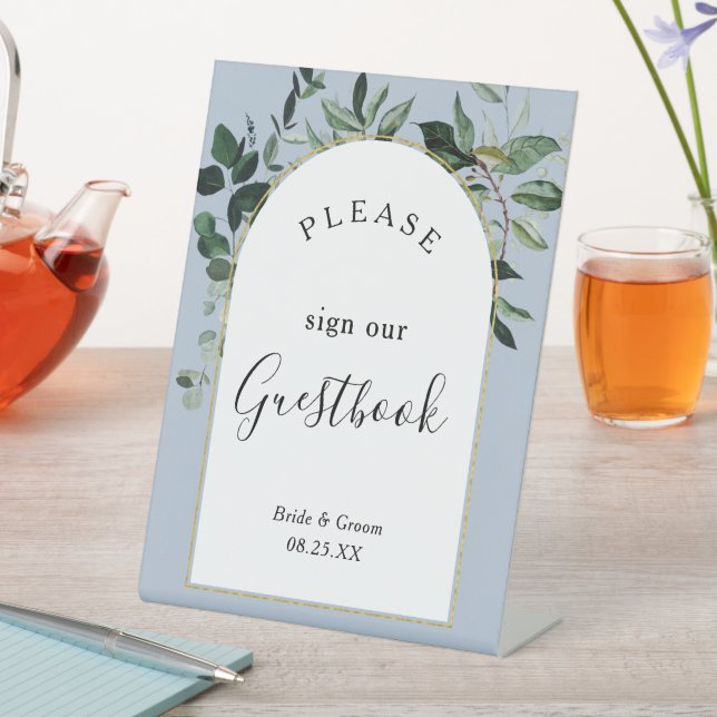 Dusty Blue boho arch Botanic Greenery guestbook Pedestal Sign (In SItu)