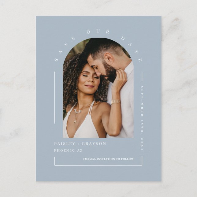 Dusty Blue Boho Arch Photo QR Code Save Our Date Postcard (Front)
