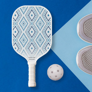 Dusty Blue Boho Chic Diamond Pattern Custom Text Pickleball Paddle