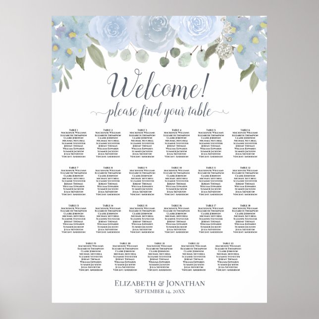 Dusty Blue Boho Chic Roses 23 Table Seating Chart (Front)