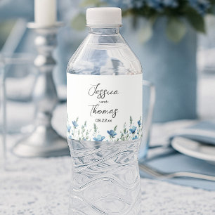 Dusty Blue Boho Chic Wildflowers Simple Wedding Water Bottle Label