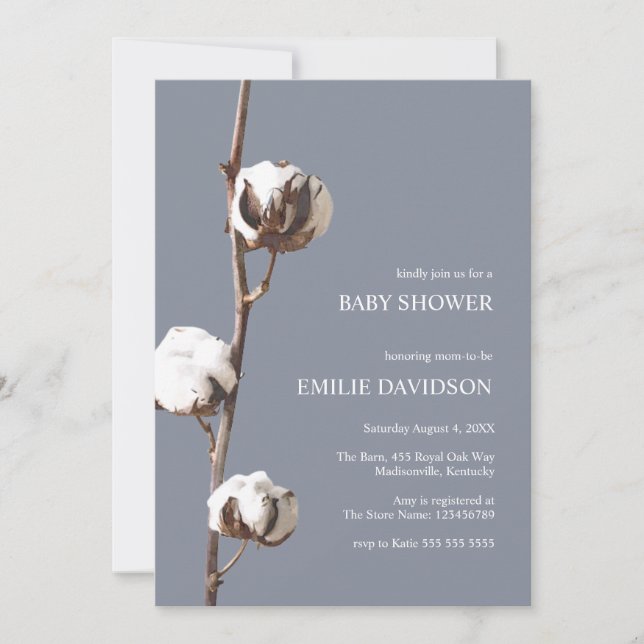 Dusty Blue Boho Cotton Floral Boy Baby Shower Invitation (Front)
