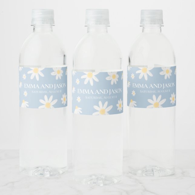 Dusty Blue Boho Daisy Floral Water Bottle Label (Bottles)