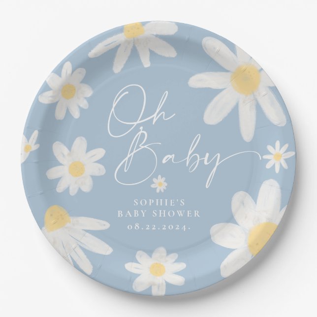 Dusty Blue Boho Daisy Flower Paper Plates (Front)