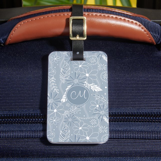 Dusty blue boho feathers doodle flowers luggage tag (Front Insitu 2)