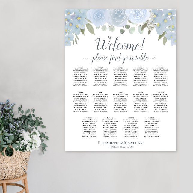 Dusty Blue Boho Floral 14 Table Seating Chart (In Situ on Wall)