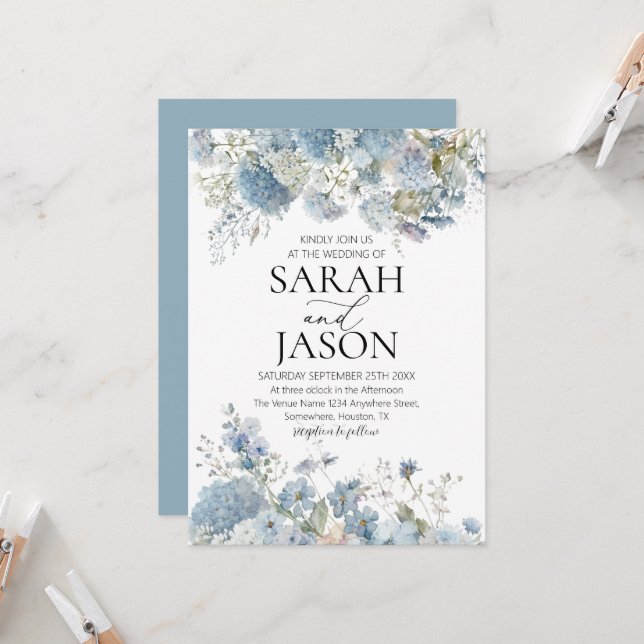 Dusty Blue Boho Floral Elegant Garden wedding Invitation (Front/Back In Situ)