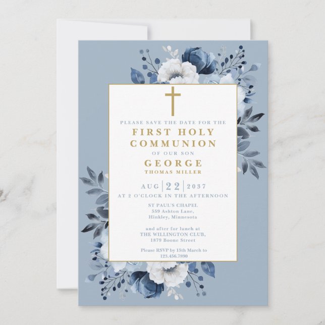 Dusty Blue Boho Floral First Holy Communion Save The Date (Front)