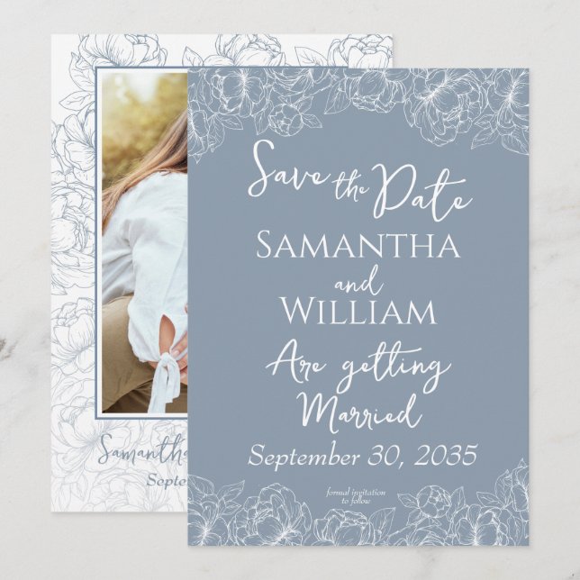 Dusty Blue Boho Floral Modern Wedding Save The Date (Front/Back)