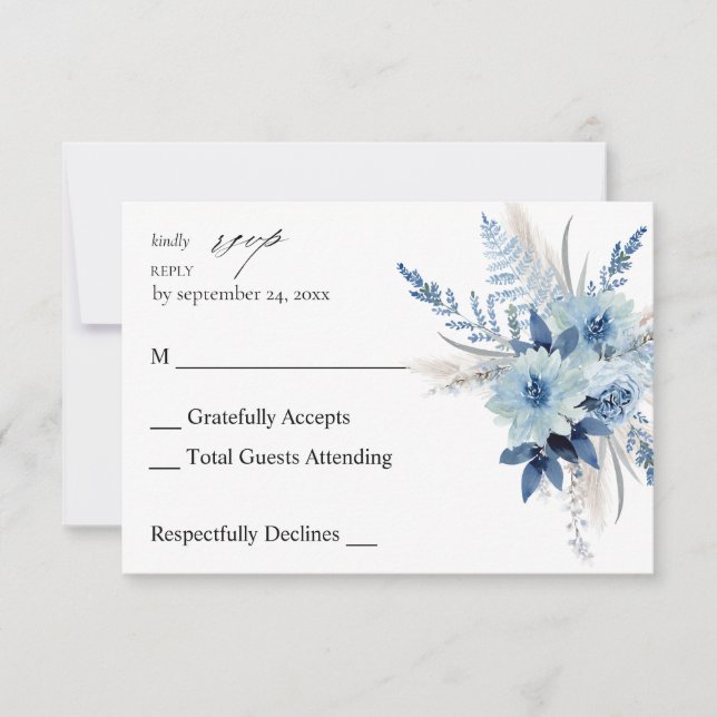 Dusty Blue Boho Floral no Meal RSVP Card (Front)