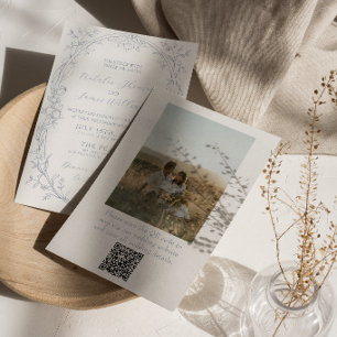 Dusty Blue Boho Floral QR Code Photo Wedding Invitation